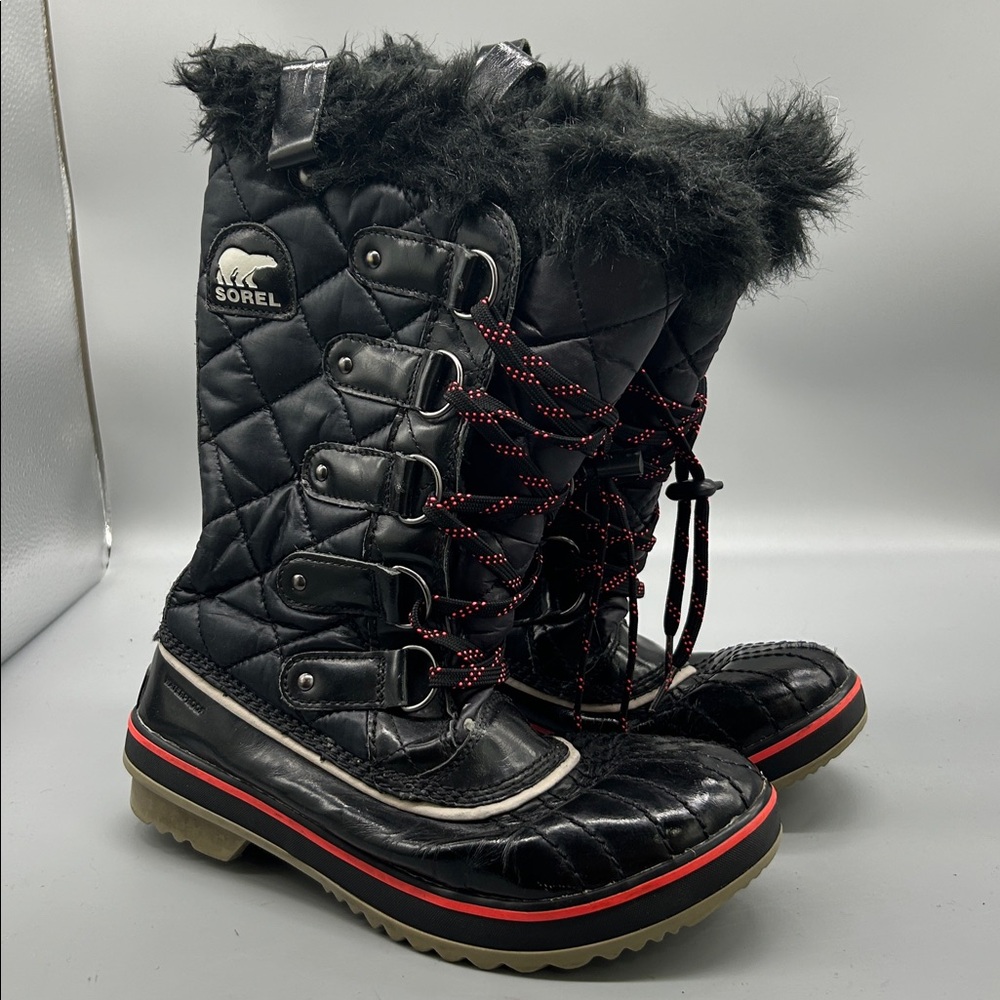 SOREL Tofino Sz 7 Black Fur Lined Womens Winter Snow Ski Boots EUC Waterproof